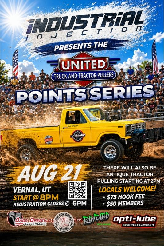 United Truck and Tractor Pullers Points Series flyer - August 21 truck and tractor pull in Vernal, UT, presented by Industrial Injection